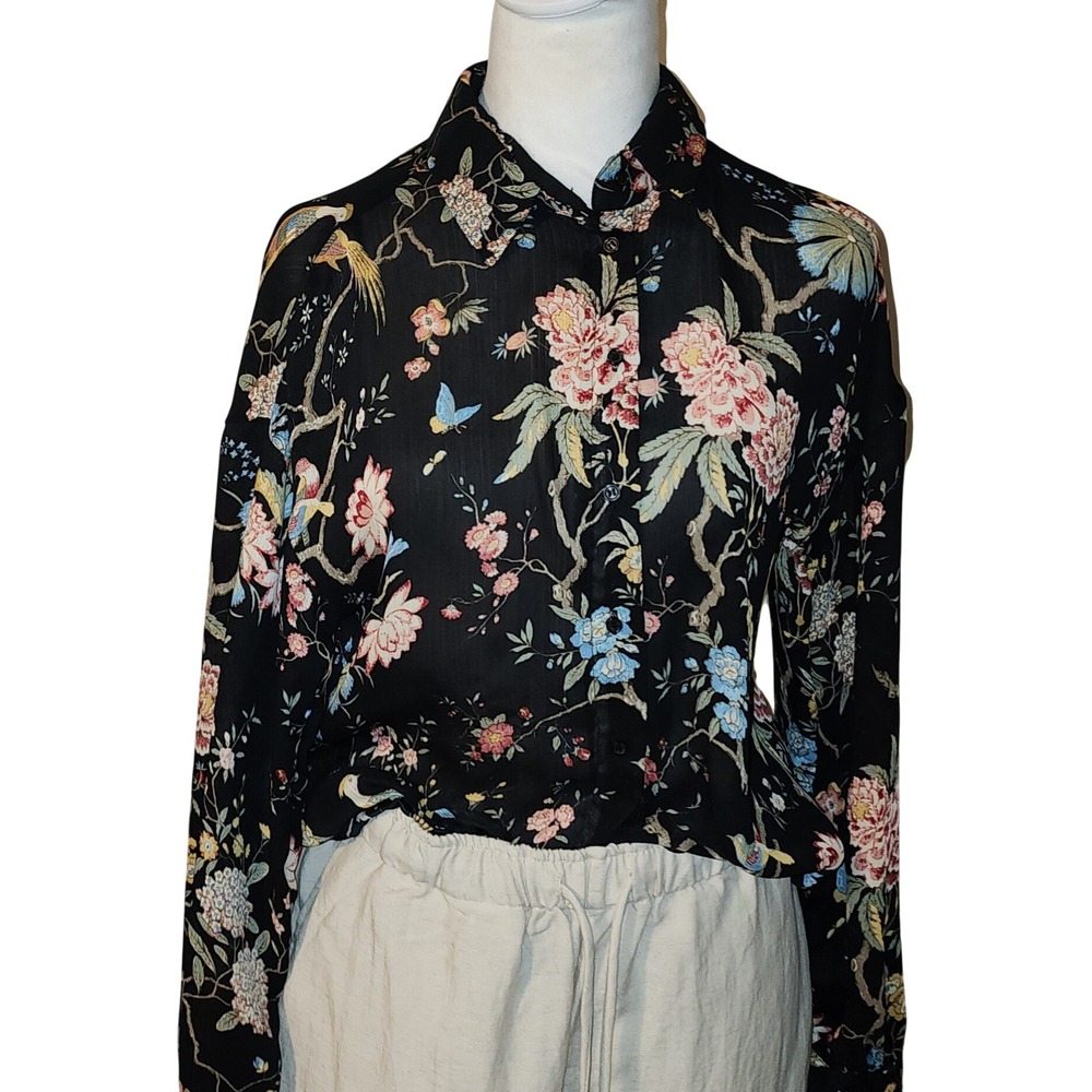 GP & J Baker x HM Floral Bird Print Blouse Black Long Sleeve Button Up Size 2